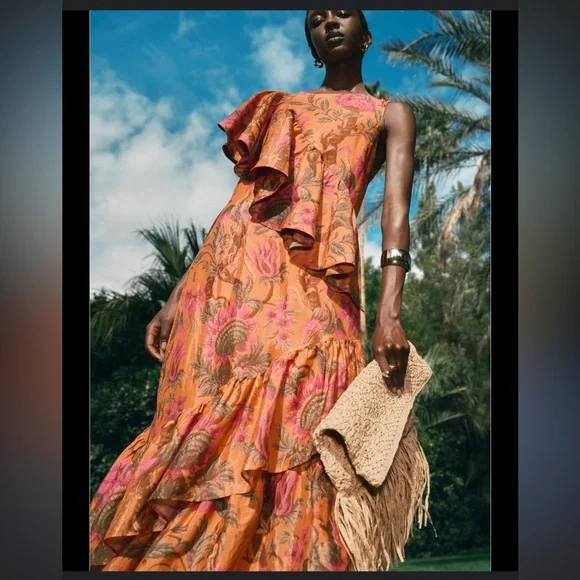 & Other Stories Asymmetrical Ruffle Dress in Orange and Pink Floral - Picture 3 of 12